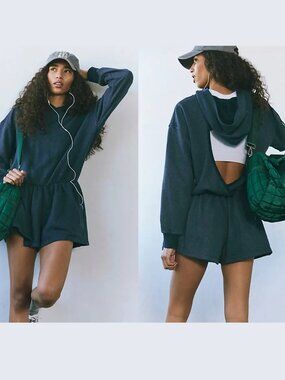 Free People/FP Movement Midnight Navy Such A Flirt Hooded Romper - Size M - NWT